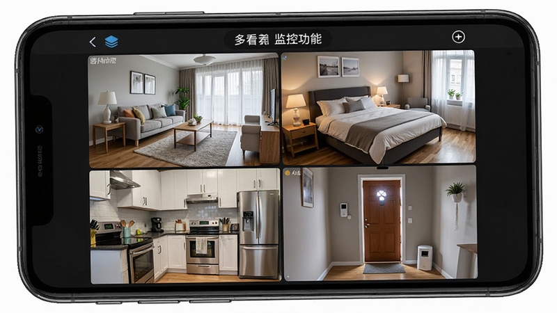 �ֻ�Զ�̿��Ҽ�ض໭���ع��ܽ��棬�ֻ���Ļ��Ϊ�ĸ�С���ڣ��ֱ���ʾ���������ҡ��������ſڵĲ�ͬ��ػ��棬ÿ�������������������沼�����룬ͻ����·��صı����