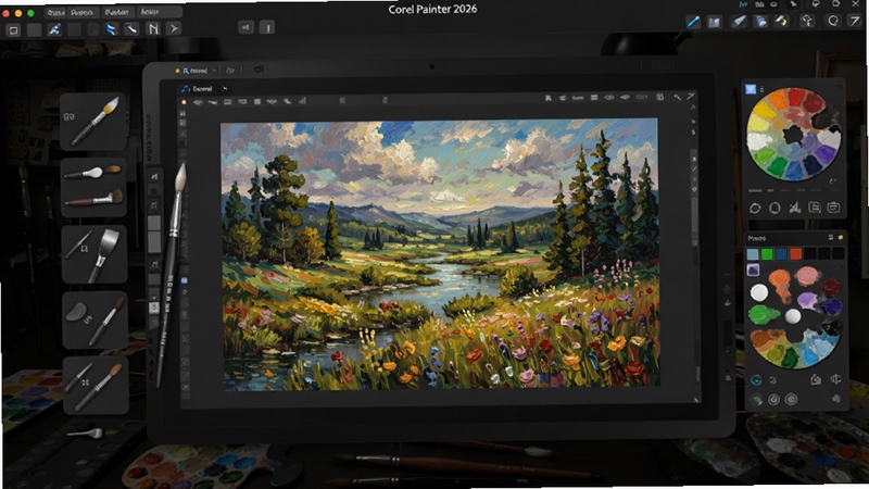 Corel Painter 2026 软件启动界面预览图,画面中央为一块巨大的数字画布,画布上呈现一幅色彩斑斓的油画风景作品,周围环绕着各种画笔工具图标和调色板,背景是深色工作台环境,整体风格专业且充满艺术气息