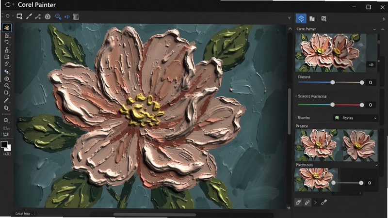 Corel Painter 动态特效滤镜应用效果预览图,一张原本平面的花卉插画,通过应用厚涂滤镜后呈现出立体油画质感,画面右侧是滤镜参数调节面板,软件界面显示高光与阴影细节,视觉效果对比强烈