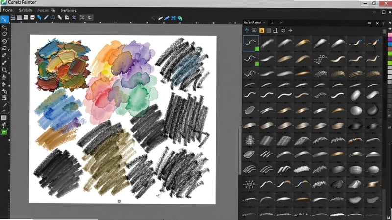 Corel Painter 软件笔刷库界面预览图,画面展示数以百计的笔刷图标整齐排列在右侧面板中,左侧画布上有一块使用不同笔刷绘制的色彩测试区,包含油画、水彩、炭笔等多种质感效果,界面设计简洁直观