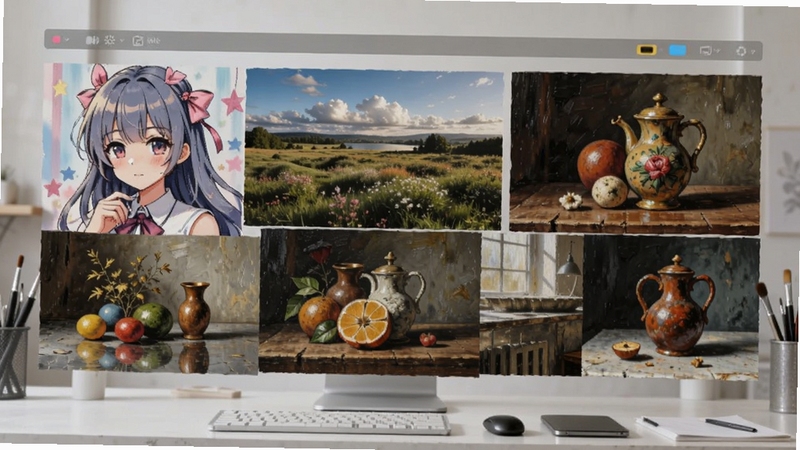奇梦ai生成的不同风格画作展示墙,包括动漫风格少女、写实风景摄影、油画质感的静物等,画面主体为多张作品拼贴,背景为干净的工作台,展示软件的多功能性和艺术表现力。