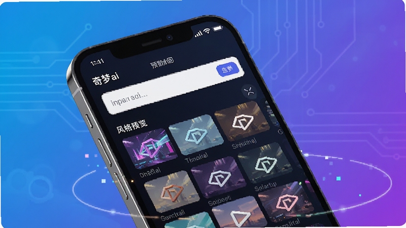 奇梦ai主界面预览图,展示其简洁的输入框和丰富的风格模板库,画面主体为手机界面特写,背景采用渐变的科技蓝紫色调,营造出未来感与创造力氛围,整体风格明亮清晰。
