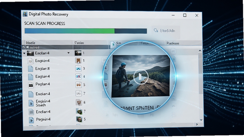 Digital Photo Recovery ���ɨ����̽��棬��Ļ��ʾɨ����������ļ��б�����������Ŵ�չʾ�ָ�����Ƭ����ͼ������Ϊ��������������Ч�������Χ���Ŷ�����ϣ����