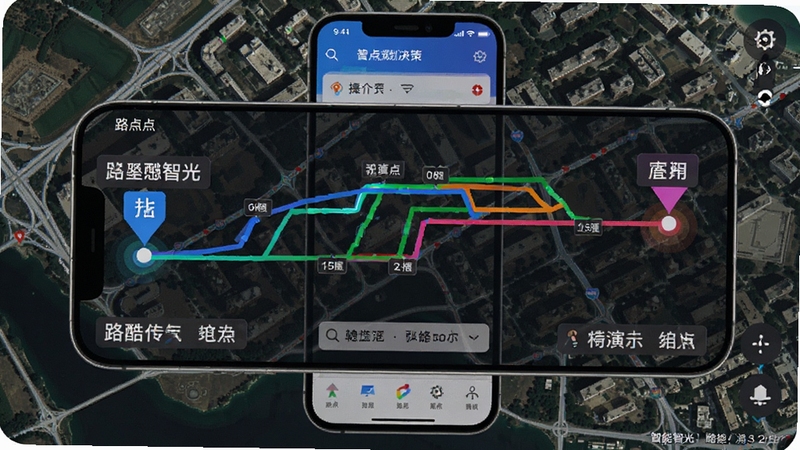 路酷智光路线规划功能演示图,画面展示手机屏幕内多条彩色路线对比,起点与终点标记清晰,路况信息用不同颜色线条表示,背景为真实的城市卫星地图,突出软件的智能决策与可视化呈现,整体风格专业且富有科技感。