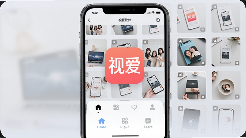 视爱软件主界面展示,手机屏幕中显示整洁的相册分类缩略图网格,背景为浅灰色渐变,画面中央突出视爱APP图标与功能导航栏,整体风格简约现代,色调明亮舒适,符合移动端工具类应用气质