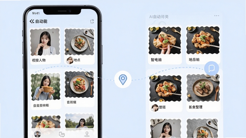 视爱智能分类功能示意图,手机界面中展示按人物、地点、美食等标签分类的相册集合,每个分类卡片上有代表性的缩略图,界面采用卡片式布局,背景为淡蓝色,整体风格清新直观,突出AI自动整理的效果