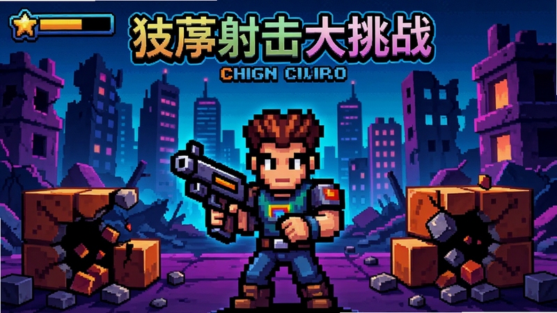 像素射击大挑战游戏主界面预览图,画面中央是手持像素枪械的角色,背景为霓虹色的像素城市废墟,近处有可破坏的方块掩体,整体色调鲜艳,细节丰富,突出复古街机风格