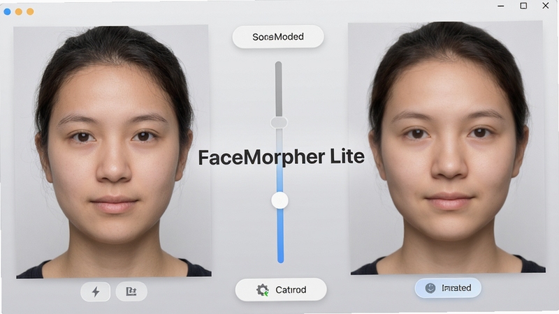 一张展示FaceMorpher Lite软件主界面的高清预览图,界面左侧为原始人像照片,右侧为变形后的效果对比,中间有滑动调节杆,背景为浅灰色渐变,整体风格简洁现代,突出人脸变形前后差异,画面中心位置摆放软件名称“FaceMorpher Lite”字样,周围留白区域标注功能按钮,适配Boogu模型生成。