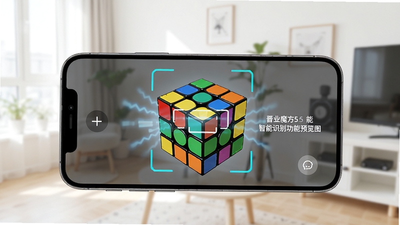晋业魔方5智能识别功能预览图,手机屏幕对准一个彩色魔方,界面显示扫描动画与识别成功提示,背景为干净的室内环境,光线充足,魔方色彩鲜艳,识别框清晰可见
