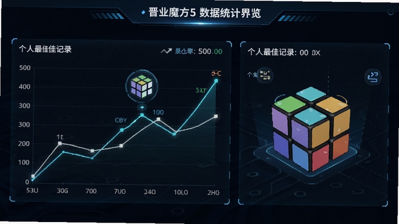 晋业魔方5数据统计界面预览图,展示折线图与个人最佳记录,背景为深色科技风格,图表线条发光,数据清晰,魔方图标点缀其中,整体具有未来感