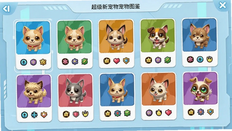 超级新宠物宠物图鉴界面截图,展示多种不同属性的宠物卡片,画面以图鉴列表形式呈现,卡片上有宠物小头像和属性图标,背景为淡蓝色科技感界面,整体干净整洁。