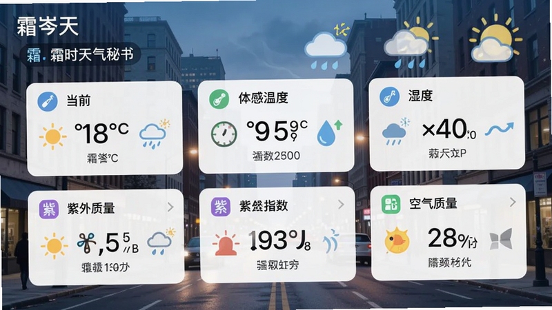 霜岑天气秘书实时天气数据展示图,界面显示当前气温、体感温度、湿度、紫外线指数、空气质量等数据卡片,背景为城市街景与天气图标融合,风格现代,数据清晰可读