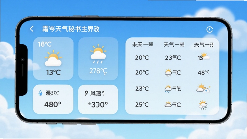 霜岑天气秘书主界面预览图,手机屏幕展示天气详情页,背景为渐变天空蓝与白云,左侧显示温度、天气图标、湿度、风速等数据卡片,右侧为未来一周天气预报列表,整体风格简洁清新,UI元素圆润,色彩明快,适合移动端壁纸比例,画面主体突出,背景虚化处理