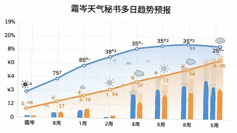 霜岑天气秘书多日趋势预报图表,界面展示一周温度曲线与降水柱状图,背景为浅色网格,趋势线用蓝色与橙色区分,整体风格简洁专业,适合数据展示