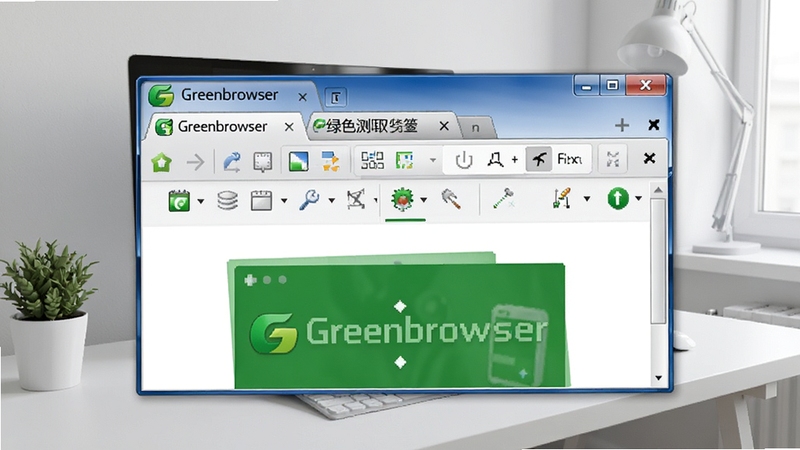Greenbrowser(绿色浏览器)主界面预览图,展示多标签页浏览、清爽工具栏布局和经典绿色主题图标,背景为现代简约桌面环境,画面主体突出浏览器窗口,色彩鲜明,细节丰富
