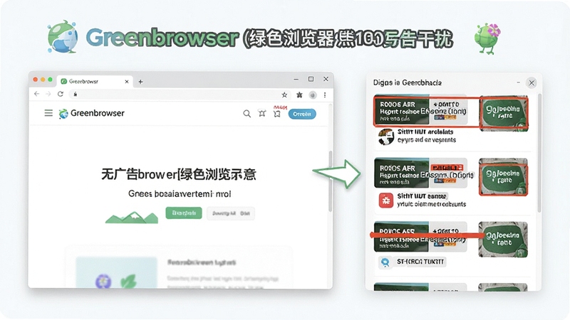 Greenbrowser(绿色浏览器)广告拦截功能示意,画面左侧为浏览器窗口,右侧展示被拦截的广告列表,背景为干净网页,突出无广告干扰的清爽效果