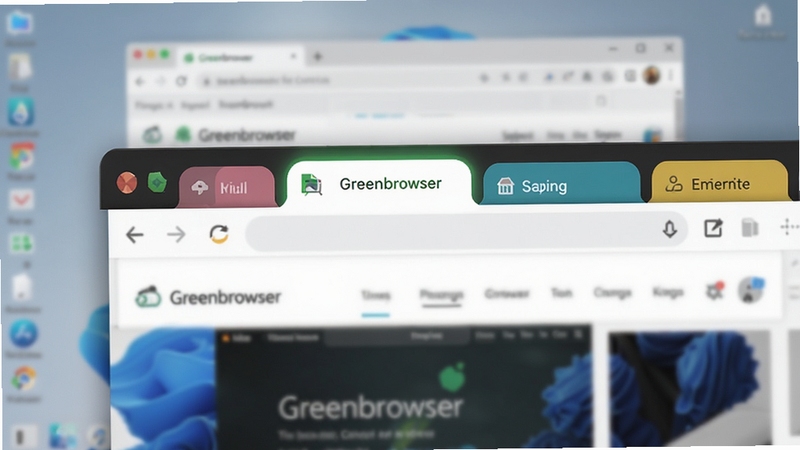 Greenbrowser(绿色浏览器)多标签页切换功能示意图,画面展示浏览器顶部排列多个彩色标签页,其中一个标签高亮显示网页内容,背景为模糊的桌面窗口,强调高效切换和整洁布局