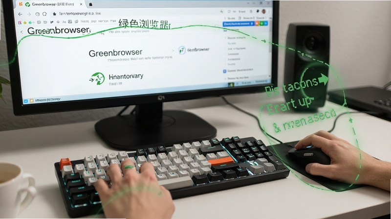 Greenbrowser(绿色浏览器)快捷键操作演示图,画面展示键盘与鼠标组合操作,背景为网页浏览界面,突出便捷高效的操作方式