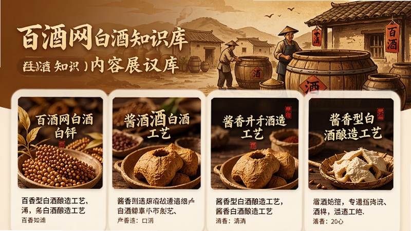百酒网白酒知识库内容展示图,界面呈现多篇关于酱香型白酒酿造工艺的文章封面,配以高粱、酒曲等原料图片,背景为古法酿造场景插画,色调温暖,体现知识性与专业感