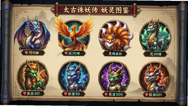 太古诛妖传妖灵图鉴界面,展示多种造型各异的妖灵角色立绘,有龙、凤凰、九尾狐、麒麟等神话生物,色彩鲜艳,每个角色下方显示属性标签,背景为古风卷轴样式,画面精致细腻