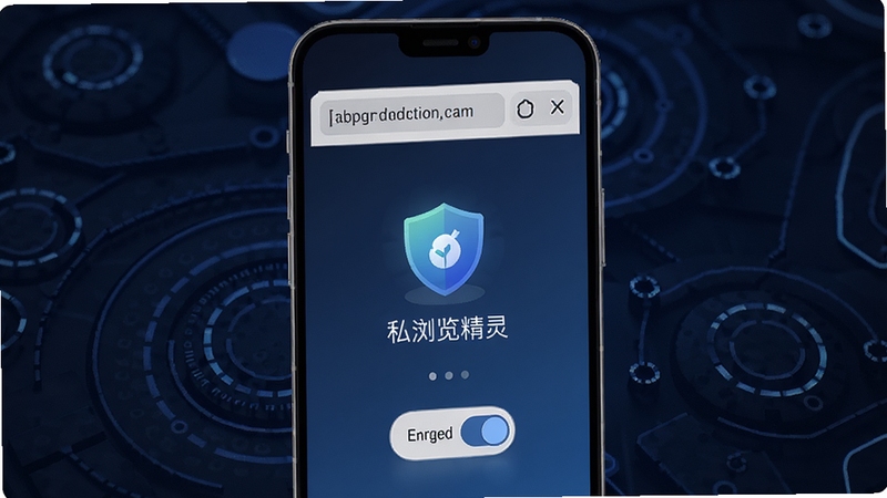 私密浏览精灵主界面预览图,手机屏幕显示浏览器界面,背景为深蓝色科技感纹理,界面有地址栏、隐私保护盾牌图标、无痕模式开关,整体风格简洁现代,竖版构图,高清渲染
