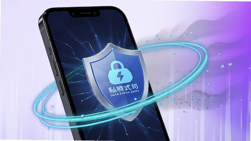 私密浏览精灵无痕模式示意图,手机屏幕显示隐私保护盾牌,周围有清除数据的动态线条,背景为渐变紫色,强调数据消失效果,画面简洁直观,高清渲染