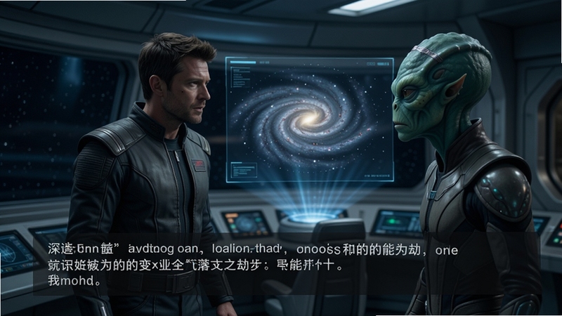 深空之劫剧情对话场景,主角与外星种族在飞船控制室内交谈,全息投影显示星系地图,人物表情生动,场景充满科技感,光线柔和,氛围紧张而神秘