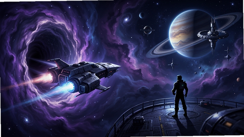 深空之劫游戏主视觉图,浩瀚星云中一艘飞船穿越虫洞,远处有发光星球和太空站,角色剪影站在飞船甲板上,背景是深邃的紫色和蓝色星云,画面宏大壮丽,细节丰富,适合作为游戏宣传图