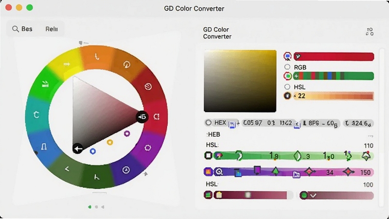 GD Color Converter 主界面预览图,左侧色环取色器,右侧实时显示HEX、RGB、HSL等数值,界面简洁现代,以浅灰色为背景,功能区域划分清晰