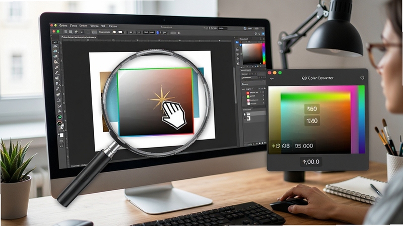 GD Color Converter 屏幕取色器使用场景图,屏幕上显示放大镜取色区域,鼠标悬停在某图片上,取色器面板显示当前颜色数值,背景为设计师工作台