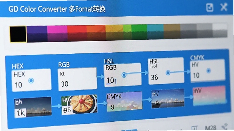 GD Color Converter 多格式转换界面特写,顶部为颜色预览条,下方并列显示HEX、RGB、HSL、HSV、CMYK五个输入框,数值同步联动,界面清爽,蓝白配色为主