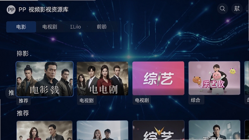 PP视频影视资源库界面截图,展示分类导航栏和推荐焦点图,包含电影、电视剧、综艺等板块,背景为深蓝色科技感光效,界面整洁清晰