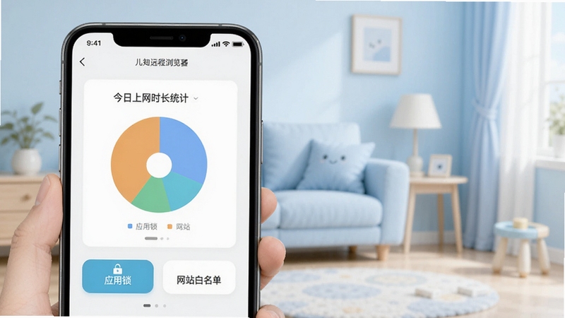 淘米儿童浏览器家长手机端管控界面示意图,画面展示手机屏幕上的小程序界面,显示今日上网时长统计饼状图,下方有应用锁和网站白名单设置按钮,背景为淡蓝色家居环境,强调随时远程管理的便捷性