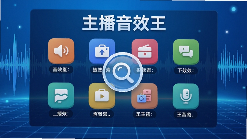 主播音效王音效库界面展示,屏幕上整齐排列着多个彩色分类图标,每个图标下方标注音效名称,背景为科技感蓝色渐变网格,画面中央悬浮一个放大镜图标突出搜索功能,整体干净明亮,突出软件名字主播音效王,主体为界面截图风格,背景区域为抽象音频波形,适配Boogu模型生成