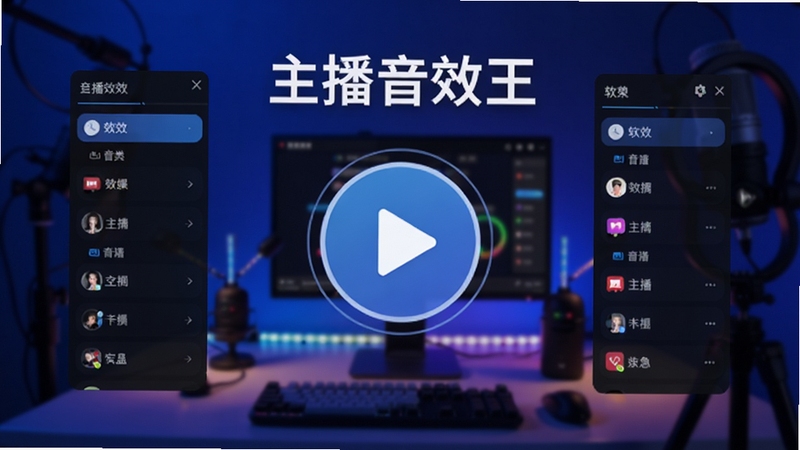 主播音效王软件主界面预览图,展示左右两侧音效分类列表与中央大尺寸播放按钮,背景为深蓝色直播间灯光氛围,界面元素清晰明亮,整体风格现代时尚,突出软件名字主播音效王,画面主体居中,背景区域为虚化的直播设备与彩色灯带,适配Boogu模型生成