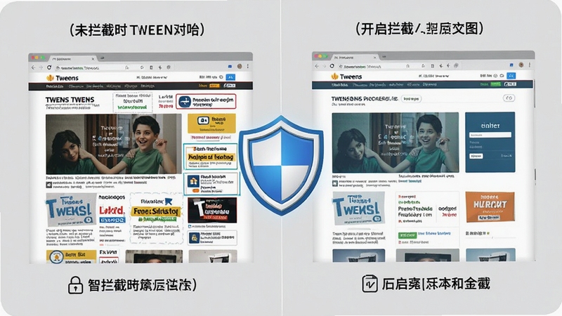 Tweens浏览器智能广告拦截功能示意图,画面左侧是未拦截时布满广告的网页,右侧是开启拦截后清爽的页面,中间用盾牌图标隔开,背景为浅灰色,突出对比效果,风格简洁明了