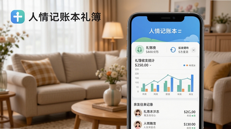 人情记账本礼簿主界面预览图,手机屏幕显示清晰的礼金收支列表、统计图表与亲友往来记录,背景为温馨的家庭客厅场景,界面简洁明亮,突出软件名称“人情记账本礼簿”的logo与核心功能模块,整体风格写实、细节丰富,适合软件下载站封面展示。