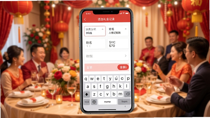 人情记账本礼簿功能展示图,画面中央为手机应用界面特写,显示添加礼金记录的编辑页面,包含分类选择、姓名输入、金额键盘等元素,背景虚化为喜庆的婚宴现场,色彩温暖,突出软件的智能分类与便捷录入功能,细节丰富,画面清晰。