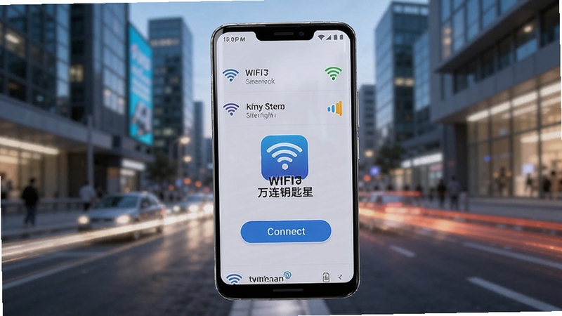 WIFI����Կ����������չʾ���ֻ���Ļ��ʾ����WiFi�б����ź�ǿ��ͼ�꣬����Ϊ�ִ����нֵ�ģ����Ӱ����������Ϊ�ֻ���д���ֻ���Ļ������WIFI����Կ����ͼ������Ӱ�ť�������������������豸Ϊ��׿�ֻ���