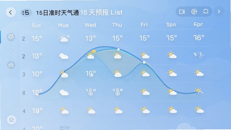 15日准时天气通15天预报列表界面,显示每日温度曲线和天气图标,背景为淡蓝色渐变,界面简洁清晰,数据可视化,整体风格现代