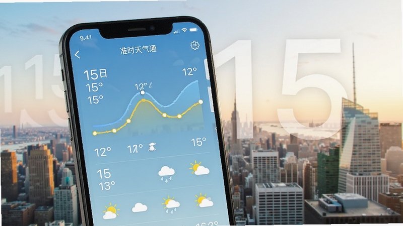 15日准时天气通手机界面展示,背景为城市天际线,前景是清晰的15日天气预报列表,包含温度曲线和天气图标,整体风格清新自然,光线明亮,细节丰富