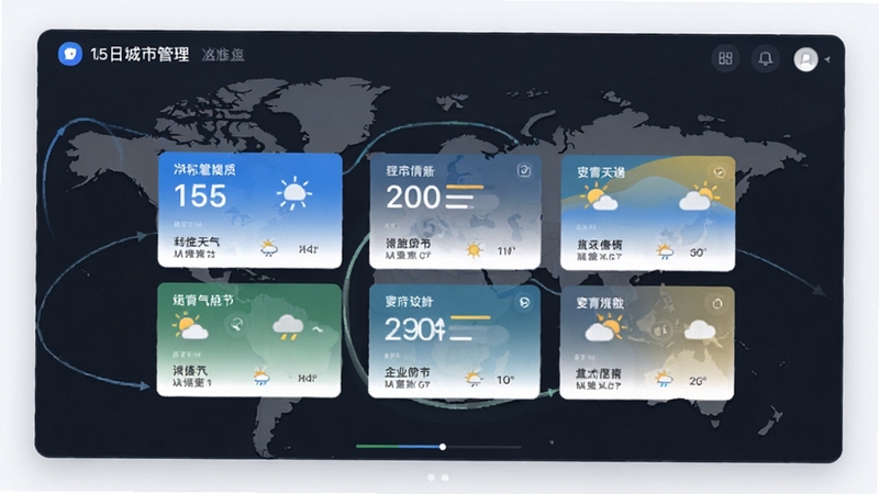 15日准时天气通多城市管理界面,显示不同城市的天气卡片,背景为地图轮廓,整体风格简约,切换动画流畅