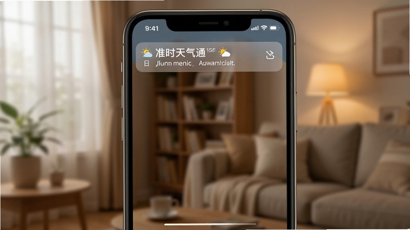 15日准时天气通天气推送通知截图,手机状态栏显示天气提醒,背景为温馨的室内场景,光线柔和,整体风格生活化