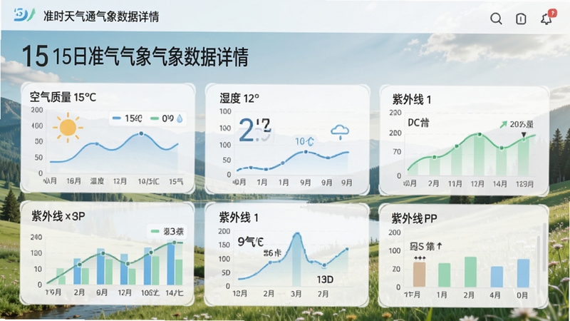 15日准时天气通气象数据详情页,包含空气质量、湿度、紫外线等指标图表,背景为户外自然风景,色调清新,信息可视化