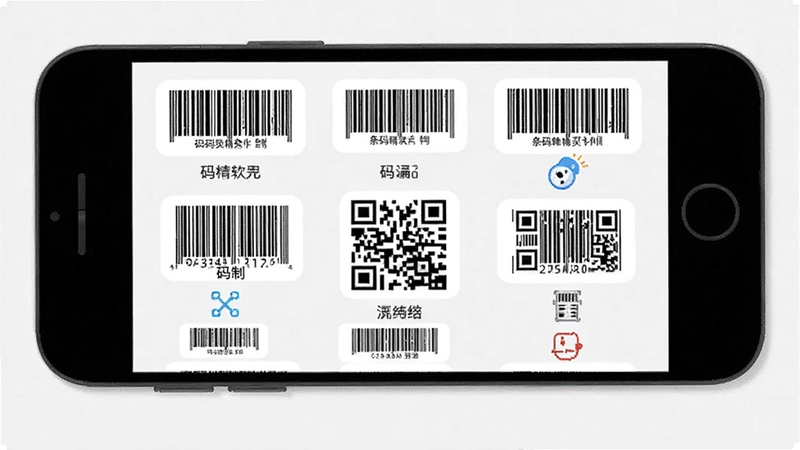 条码精灵软件功能示意图,画面中央展示手机屏幕上排列着不同样式的条码,包括一维条形码和方形二维码,每个条码下方有中文标签注明码制名称,界面简洁,图标设计现代,背景为浅灰色网格,画风扁平化,突出软件功能多样性