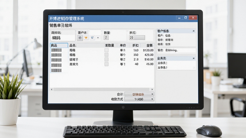 开博进销存管理系统销售开单界面,画面展示销售单据编辑窗口,商品列表包含条码、品名、规格、数量、单价、折扣、金额,底部显示合计金额与收款方式,右侧显示客户信息与业务员信息。整体画面模拟真实开单场景,电脑屏幕前有键盘和鼠标,背景为明亮的办公环境,突出软件的实用性与便捷性。