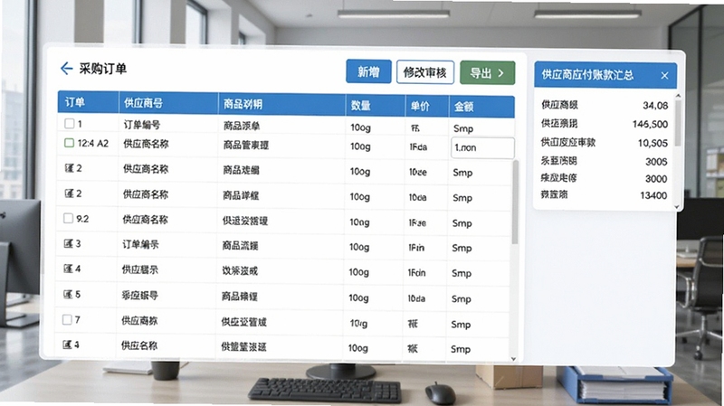 开博进销存管理系统采购管理功能界面,画面展示采购订单列表,包含订单编号、供应商名称、商品明细、数量、单价、金额等字段,上方有新增、修改、审核、导出按钮,右侧显示供应商应付账款汇总卡片。界面采用清爽的蓝白配色,数据表格清晰,背景为商务办公场景,体现软件在采购流程中的高效管理能力。