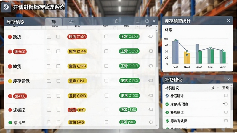 开博进销存管理系统库存预警界面,画面展示库存列表,商品行内用红黄绿颜色标签标示库存状态,红色表示缺货、黄色表示库存偏低、绿色表示正常,右侧显示库存预警统计图与补货建议列表。背景为仓库货架模糊图,整体风格简洁现代,突显软件对库存管理的精准把控。