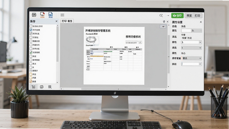 开博进销存管理系统打印模板编辑界面,画面展示电脑端模板设计器,左侧为字段列表,中间为单据预览区域,右侧为属性设置面板,顶部有保存、预览、打印按钮。整体界面布局专业,背景为办公桌面,突显软件在打印定制方面的灵活性。