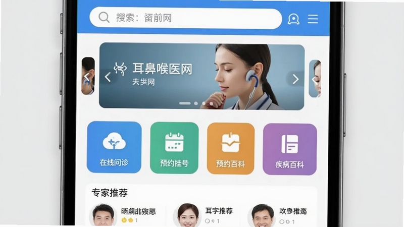 耳鼻喉医网主界面预览图,展示手机屏幕上的软件首页,上方为搜索栏和轮播图,中间为在线问诊、预约挂号、疾病百科等彩色功能图标,下方为专家推荐列表,整体色调以蓝色和白色为主,界面简洁清晰,背景为浅灰色,突出软件核心功能,适配Boogu模型生成